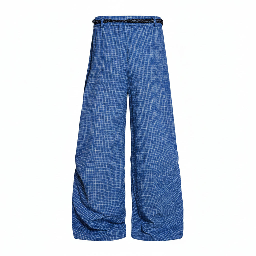 Men's Pleated Wide Leg Linen Trousers with Rope Belt